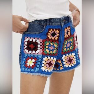 Farm Rio Ultra High-Rise Crochet Denim Shorts